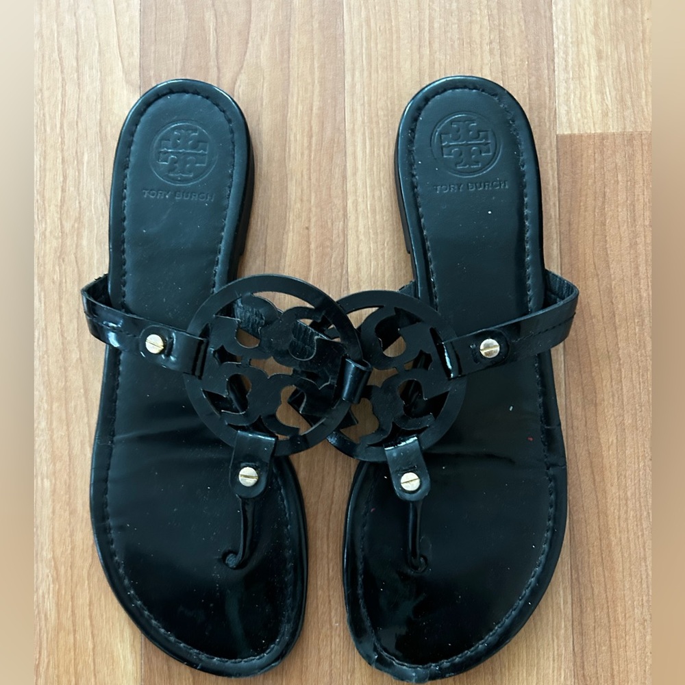 Tory Burch Miller Sandal Thong Black Patent Leather Size 10